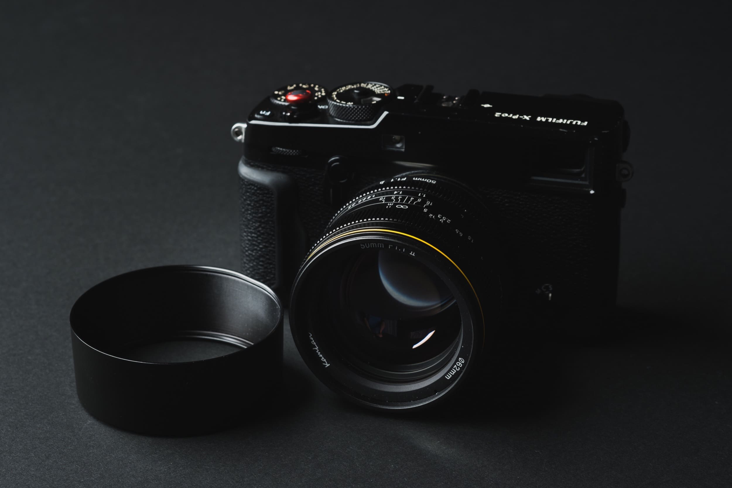 Kamlan 50mm f1.1 II Product Shot with the Fujifilm X-Pro2 and the metal lens hood.