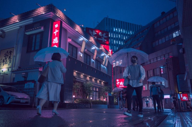 Japanese night street photo with purple coloring.