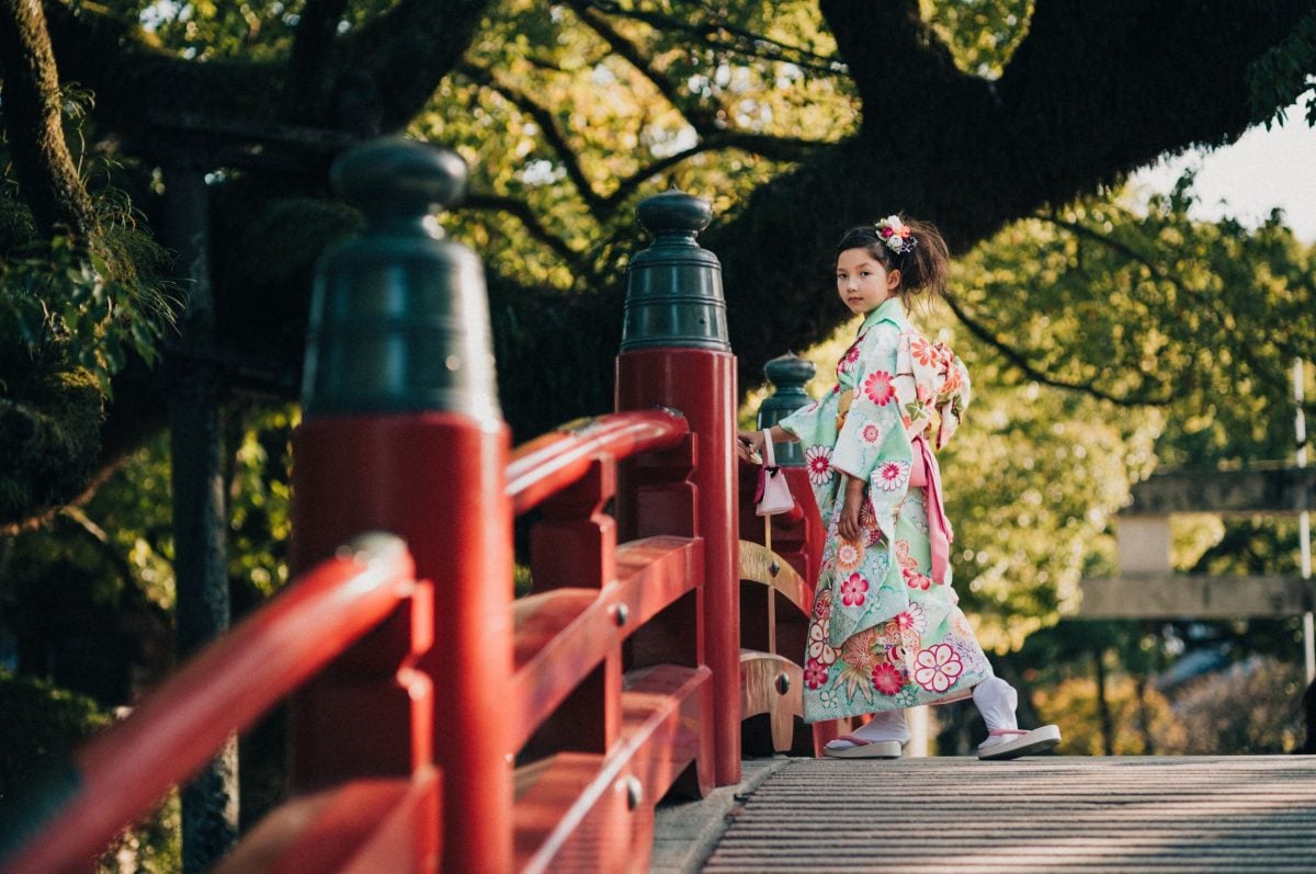 Portrait of little girl in a Kimono at Dazaifu Shrine