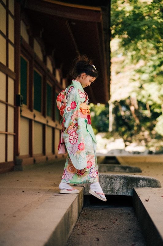 Portrait of little girl in a Kimono in Japan