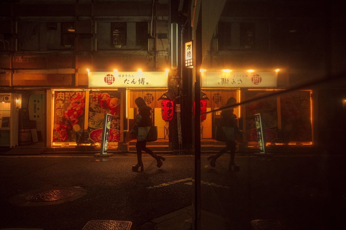 Night photo reflecting off walls in Nakasu Japan.