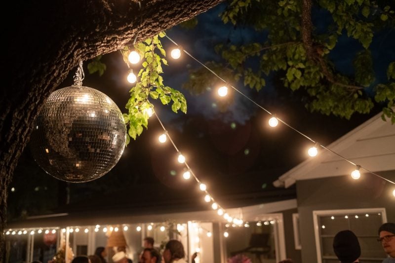 Backyard LED lights with a Disco Ball.