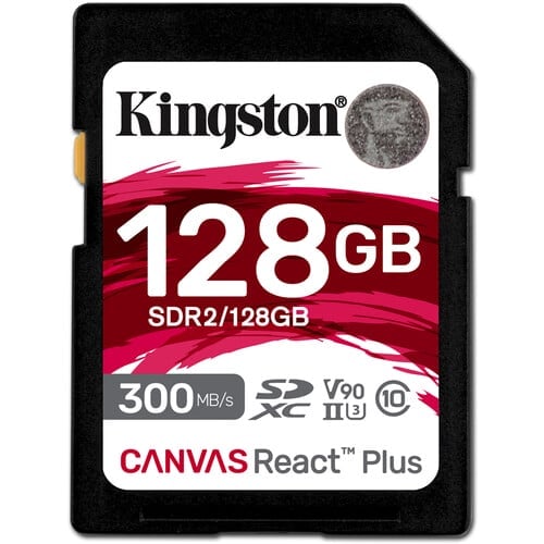Kingston Canvas React Plus V90 UHS-II Memory Card in the 128GB size.